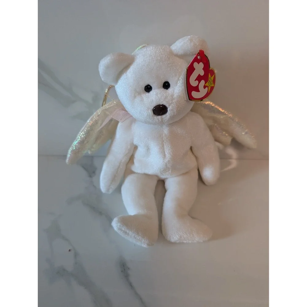 Ty Beanie Baby Halo Angel Bear Upcycled Purse Charm Keychain White 1998